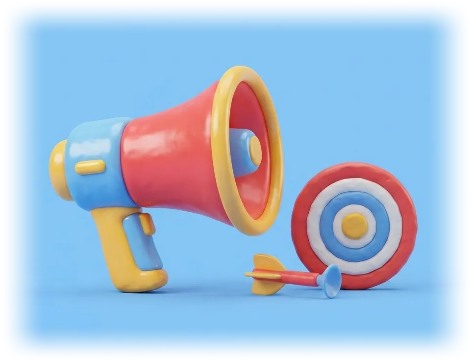 3D cartoon megaphone with a bullseye target.